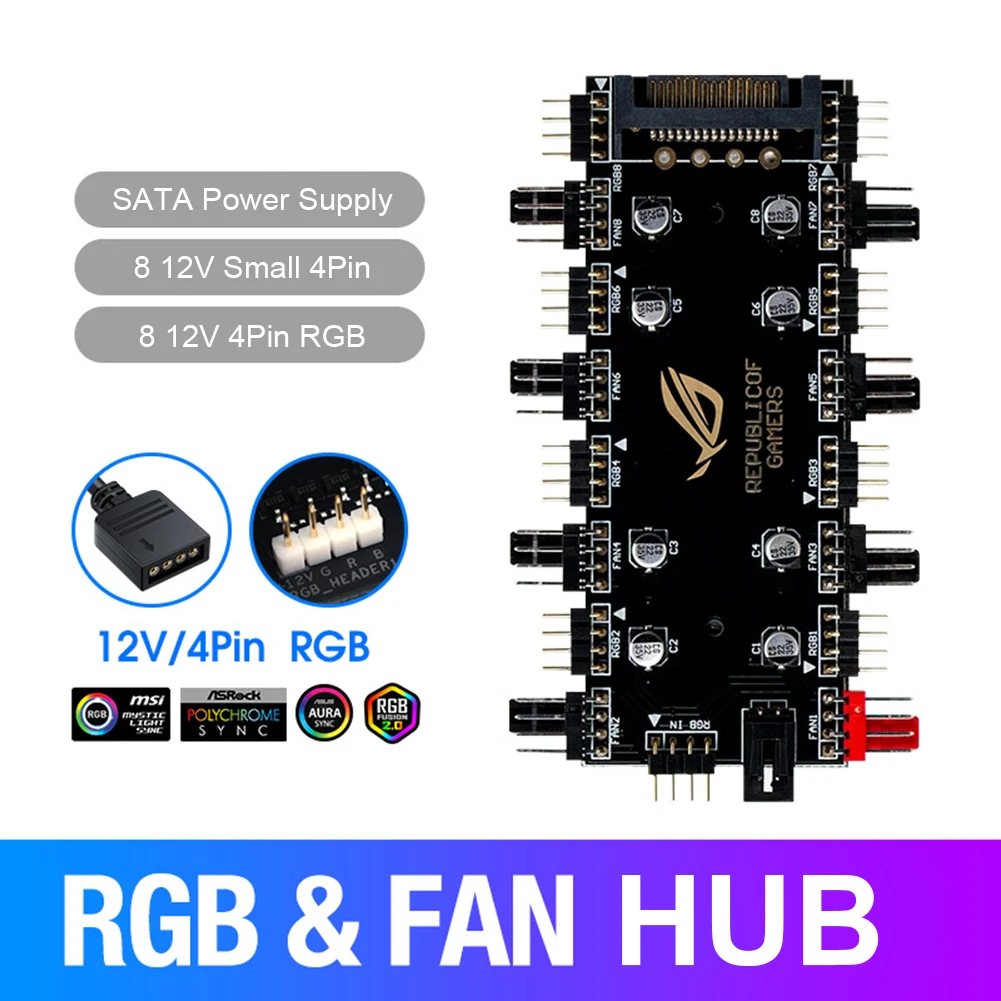 1 To 8 Way Splitter Cooler Cooling Fan RGB PWM HUB for Motherboard 4 Pin 12V LED Strip Light Adapter Powered By SATA/Large 4D | Компьютеры