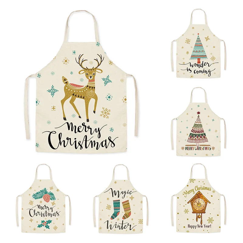 

New Christmas Linen Apron Christmas Tree Pattern Can Be Customized Family Apron Suit Anti-stain Waist Coat