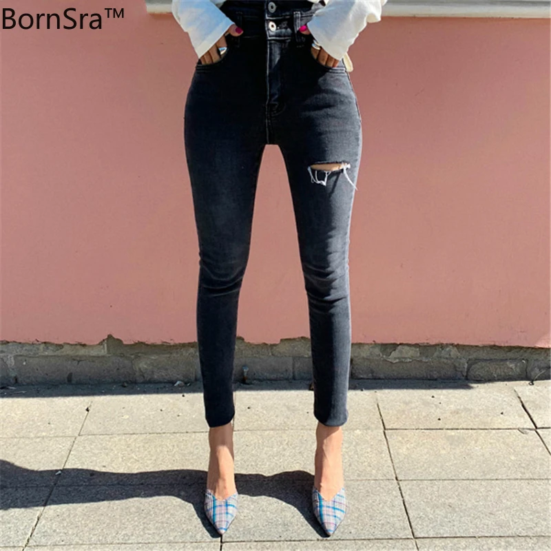 BornSra 2020 весна осень женские рваные брюки с двумя пуговицами узкие джинсы карандаш
