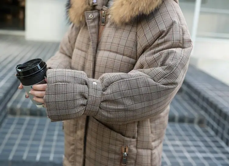 

Classic Lattice Winter Jacket Women High Quality Down Coat Female Nice Long Slim Female Jackets Zip Fur Collar Women Down Jacket