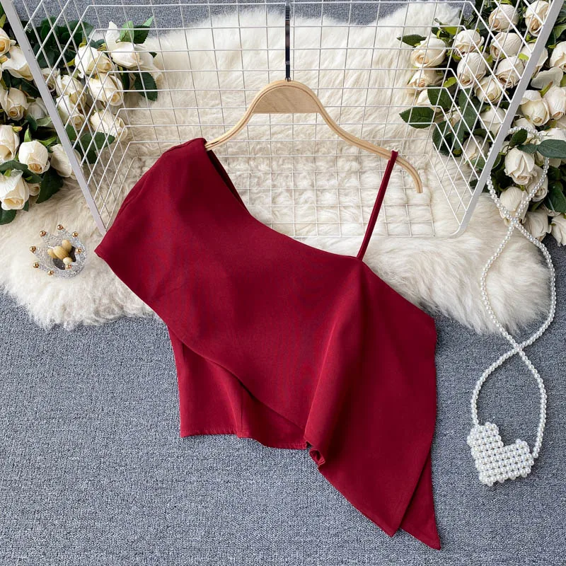 

Sexy Irregular Spaghetti Strap Ruffled Short Top Women Retro Solid Color Camis Top