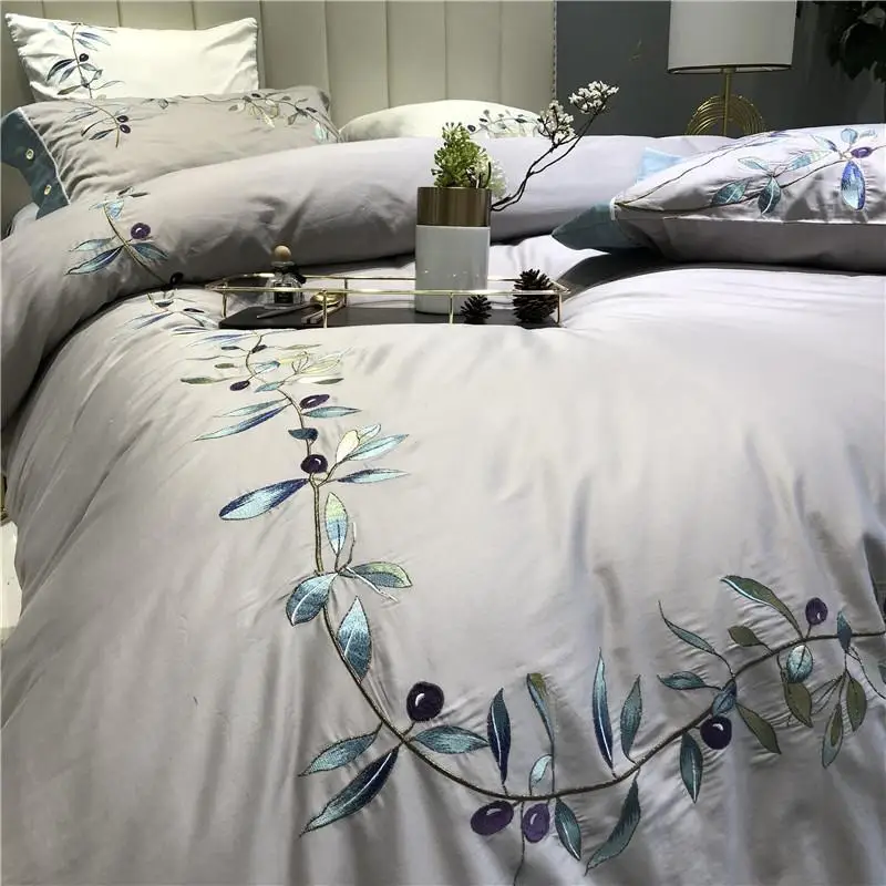 

Chic Floral Leaves Embroidery Gray Grey Duvet Cover with Zipper 4/6 Piece Ultra Soft 600TC Egyptian cotton Bedding set Bed sheet
