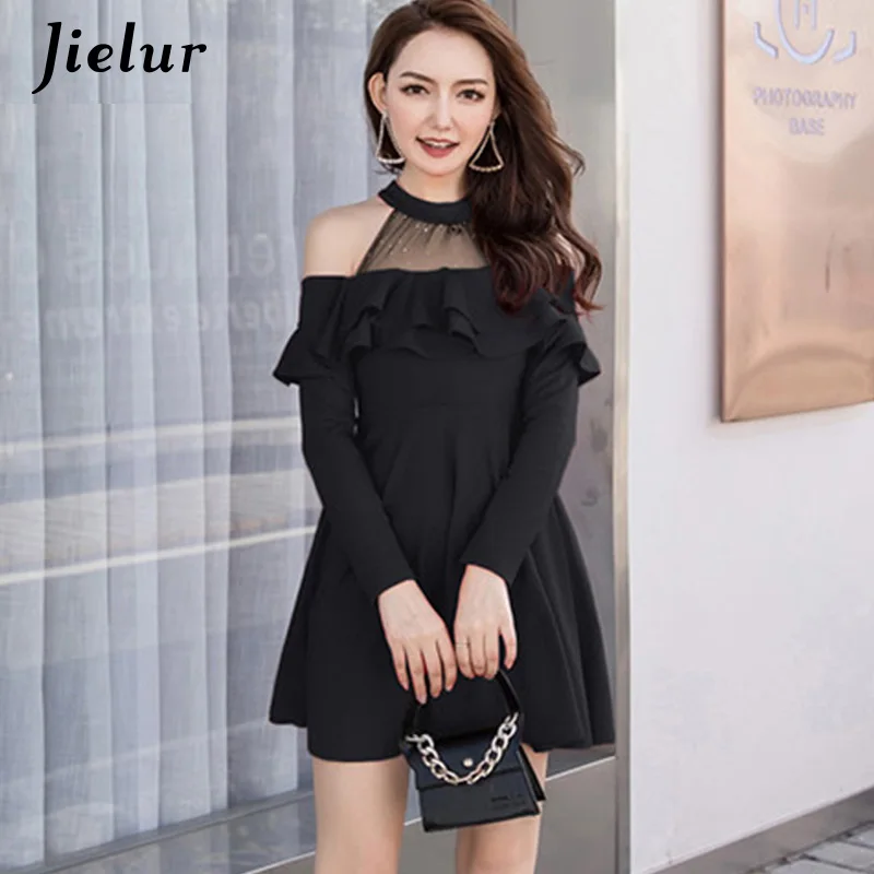Black Long Sleeve Jielur элегантное кружевное платье с открытыми плечами осеннее корейское хипстерское черное белое сексуальное вечерние тонкое с оборками трапециевидное платье Vestido Mujer Dropship летнее S-XXL прямая поставка - Цвет: Black Long Sleeve