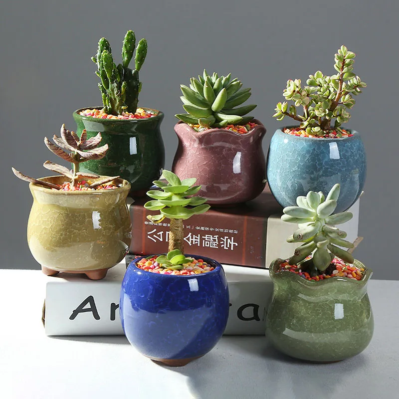 

European Modern Ice-Crack Ceramic Flower Pots Mini Succulent Planter Home Gardening Decoration Accessories Green Plants Potted