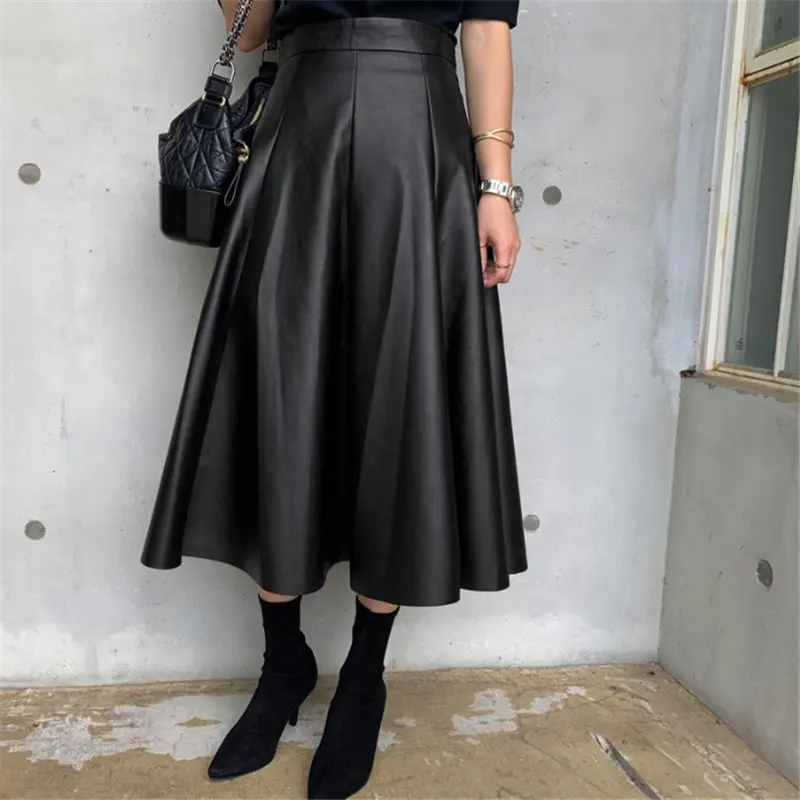 

Hzirip All Match Minimalist High Quality 2020 Chic Fashion PU Leather Winter Retro Slender High Waist A-Line Long Flare-Skirts