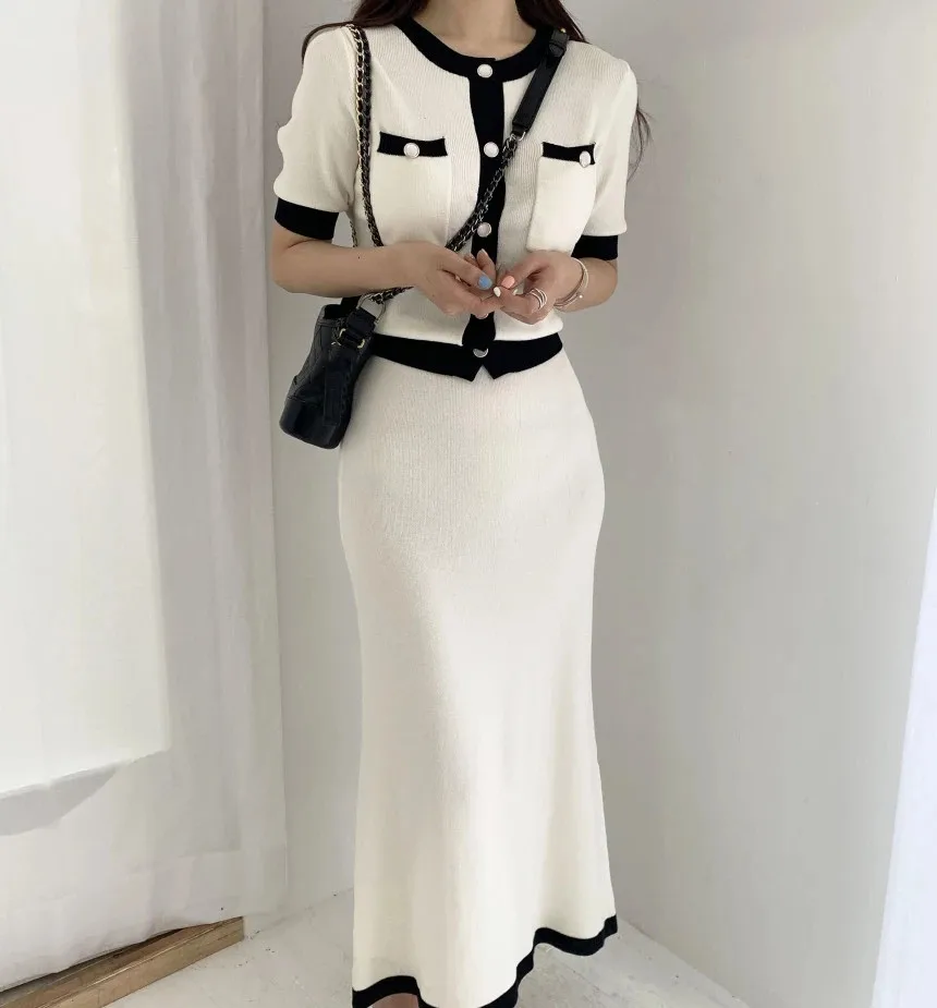

Knitting Two Piece Set Woman Autumn White Elegant O-neck Sweater + Elastic Waist Skirts Korean Fall Business Dress Sets