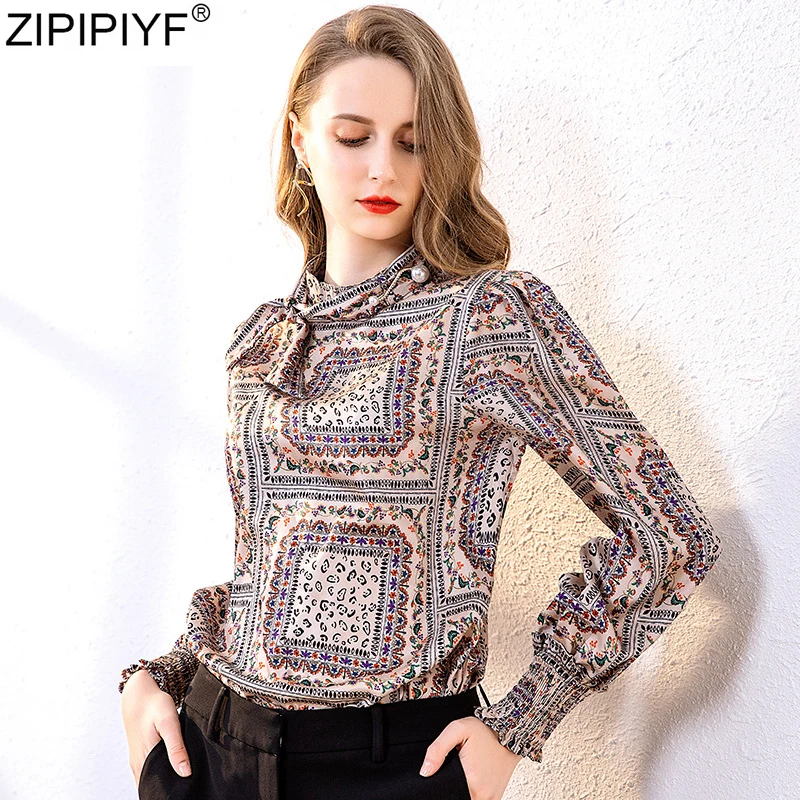 Vintage Women Clothing Blouse Shirt Summer Fashion Floral Print Tops Ladies 2020 Beading Bow Collar Long Sleeve Silk Blusa