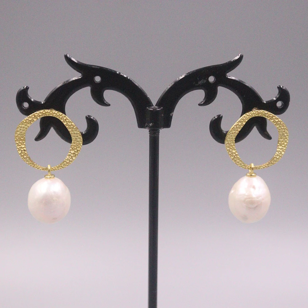 

S925 Sterling Silver Earrings with Natural Freshwater Pearl Circle Stud Earrings 30x14mm Best Gift