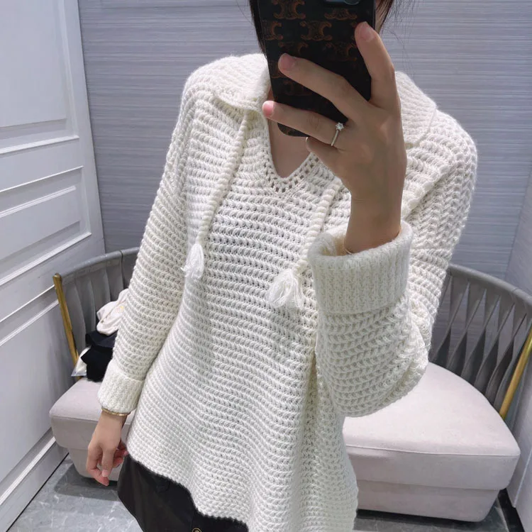 

100% Cashmere Hollow Out Sweater 2021 Autumn Women New Temperament Chain Link Flower V-neck Loose Long Sleeve Sweaters Pullovers