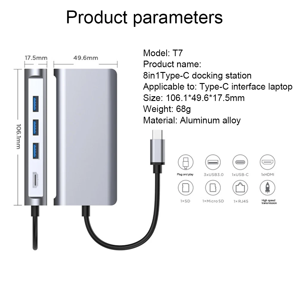 

Type C Hub HDMI Converter 8 in 1 Type C to HDMI USB 3.0 PD SD/TF Card Reader Multiport Dongle for Notebooks 5Gbps