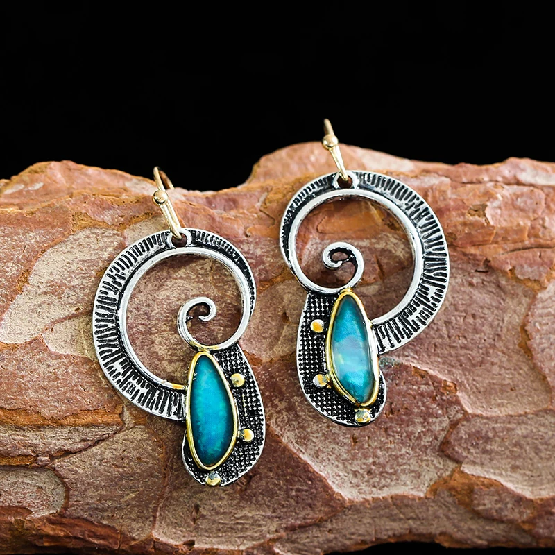 

Boho Ethnic Blue Stone Spirals Earrings for Women Vintage Handmade Metal Swirl Shape Drop Earring Aretes De Mujer Modernos 2020