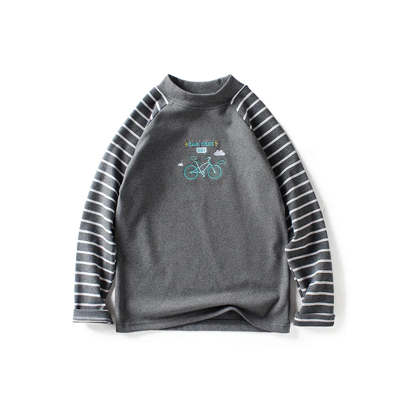 

Children's Long-Sleeved Striped Stitching T-Shirt 2021 Autumn Winter Boys High Collar Embroidered Sweater For 5-14 Years