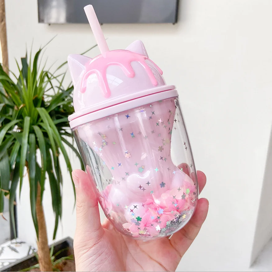 

Double Layers Cat's Paw Plastic Water Bottle With Straw Korean Sweet style Creative Gift Mug For Milk Coffee Tea Cup
