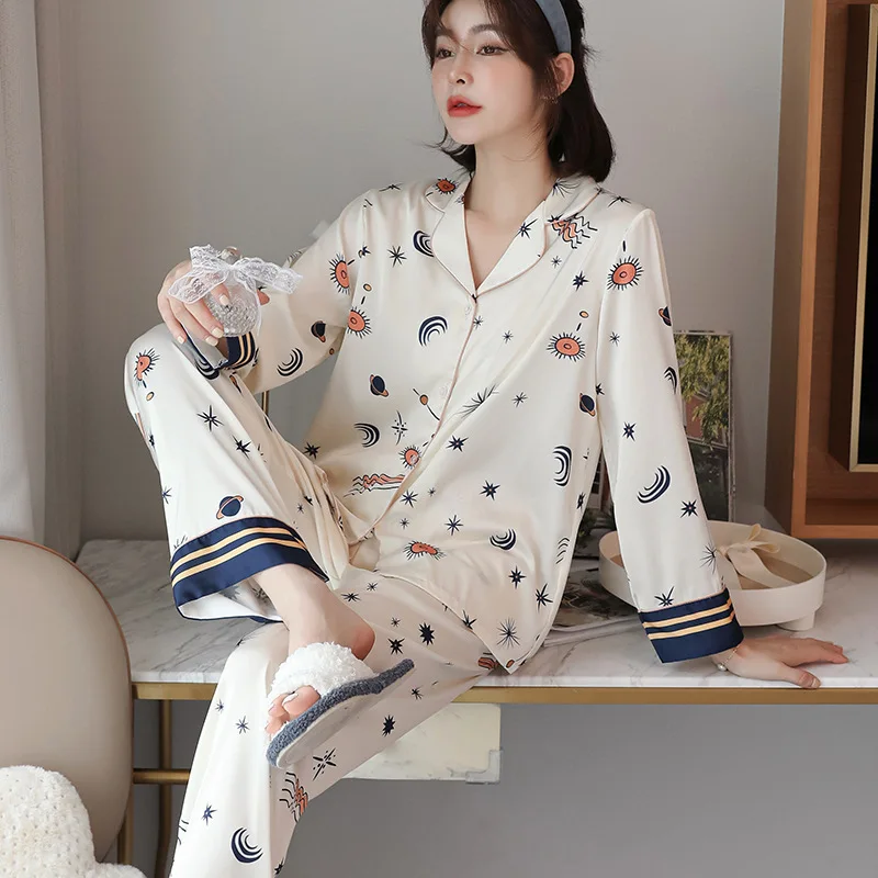 

Summer Long Sleeve Women's Pajamas Cartoons Lovely Loose Student Pajama Set Satin Homewear