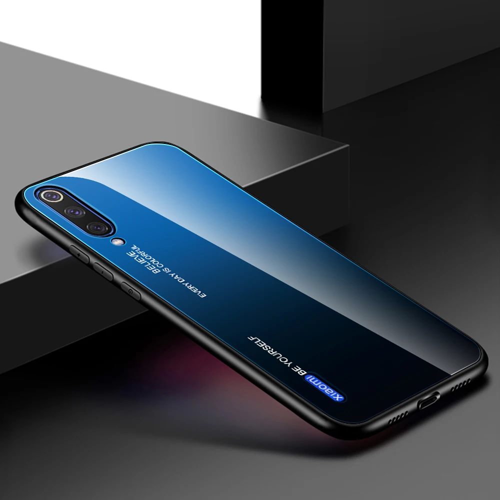 Black Blue Чехол из закаленного стекла для Xiaomi Mi A3 Lite 9T RedMi 7A Note 7 8 K20 Pro цветной градиентный глянцевый чехол для Xiaomi RedMi Note 8 - Цвет: Black Blue