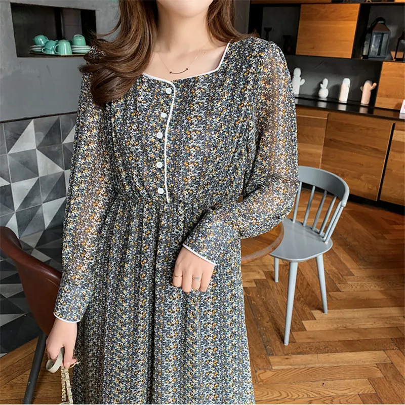 

HziriP New Chic Chiffon Square Collar Print Floral 2020 Sweet Women Full-Sleeved Elegance All-Match Girls Feminine Long Dresses