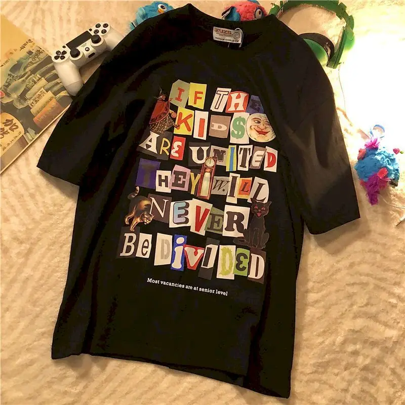 

Футболка женская оверсайз с буквенным принтом пазлов, базовая Свободная Повседневная тенниска из хлопка в стиле панк, креативная майка с кр...