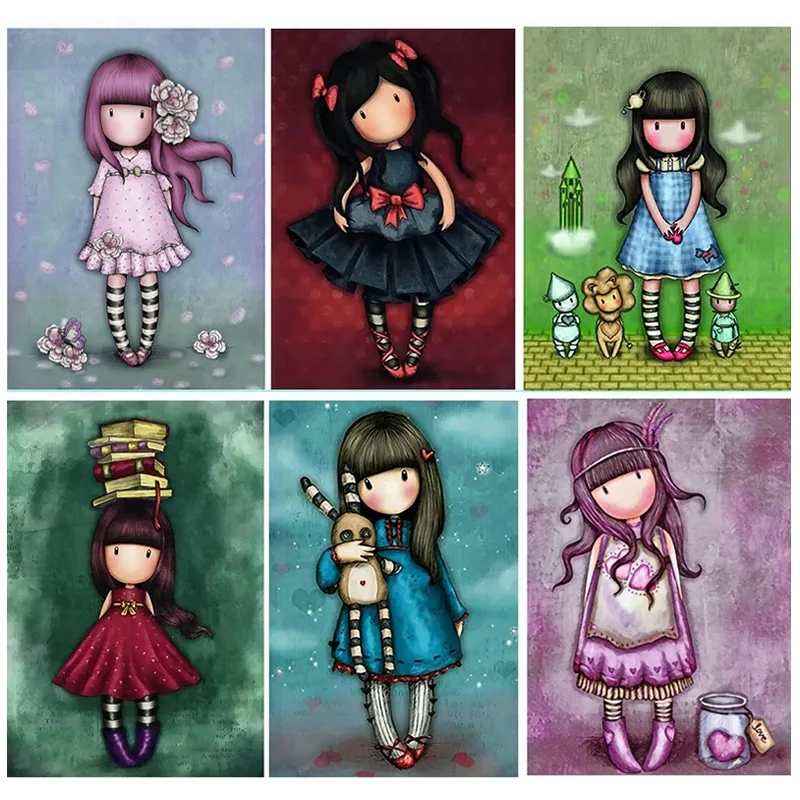 

6 Pack 5D Diamond Painting Cartoon Girl Picture Full Square/Round Diamond Embroidery Cross Stitch Gift Kits Home Decor