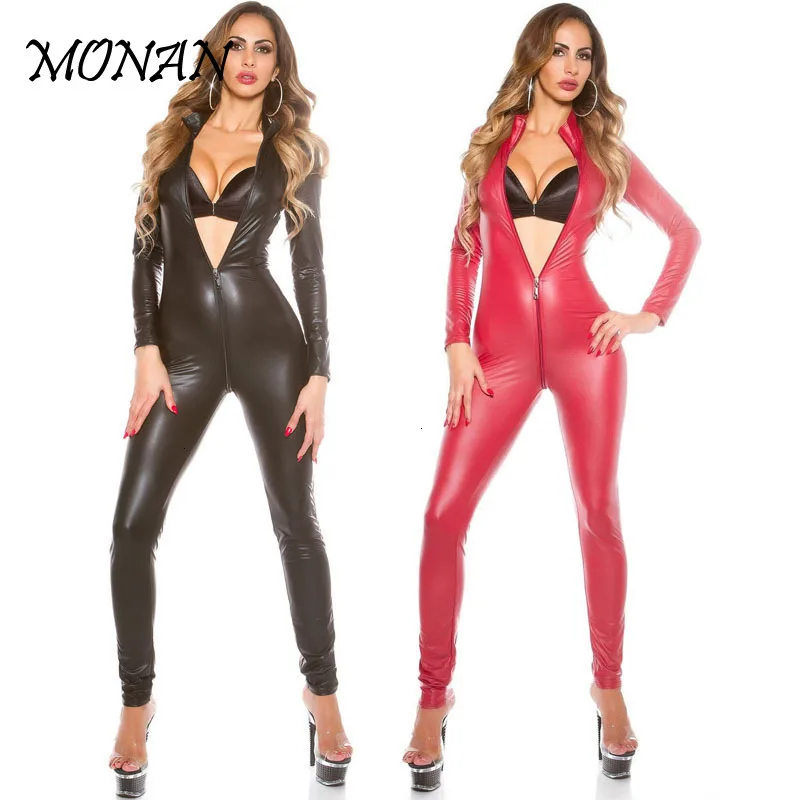 Для женщин тонкий комбинезон на молнии Соблазнительные кожаные комбинезоны с