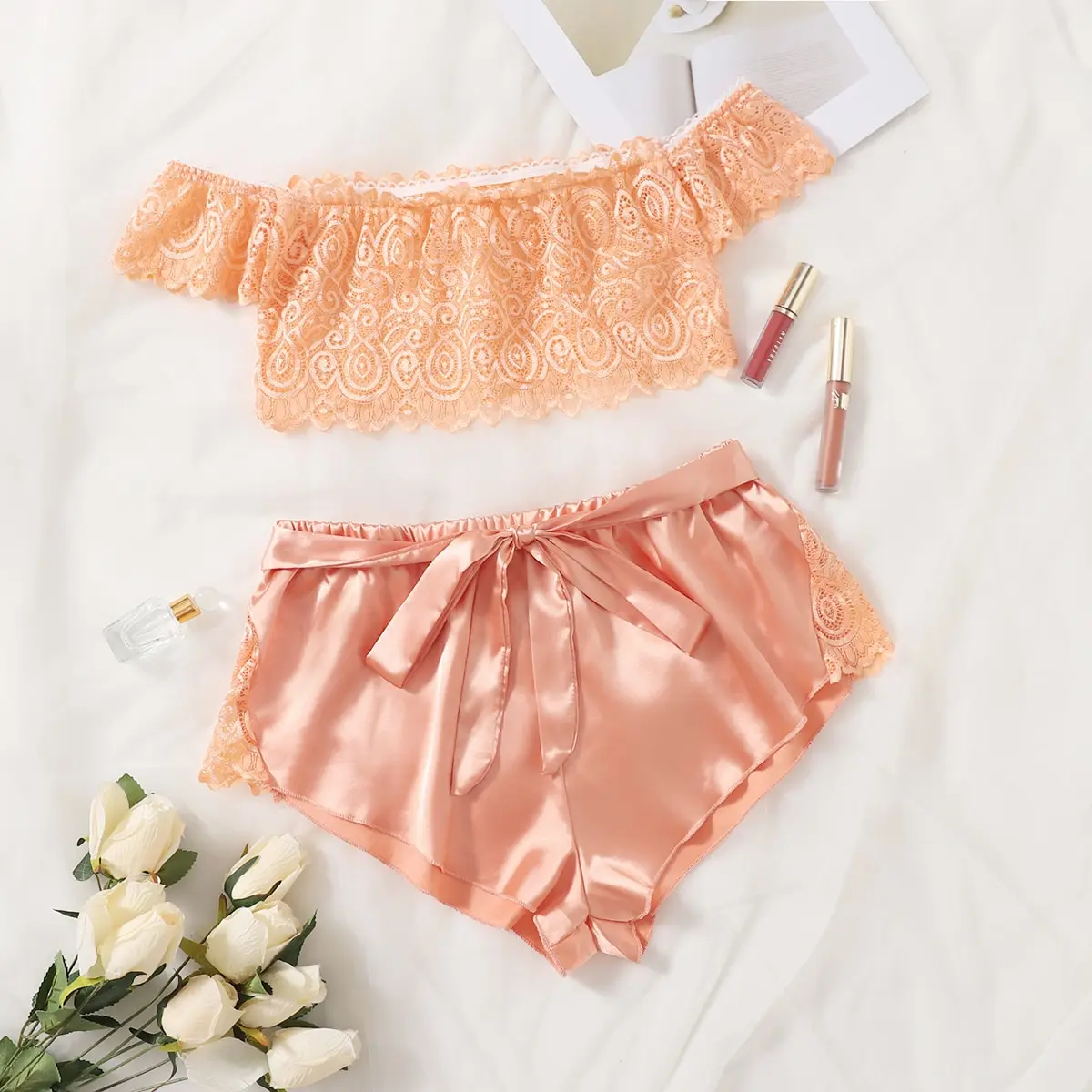 

Женская одежда, пижамные комплекты, комплект женского сексуального белья из 2 предметов, кружевной бюстгальтер с открытыми плечами и шорты ...