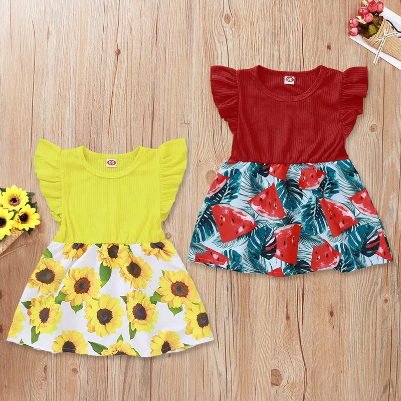 Летняя одежда для детей повседневное желтое красное платье маленьких девочек с