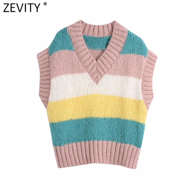 

Женский трикотажный свитер Zevity, весенний Повседневный полосатый свитер с V-образным вырезом, топ без рукавов, модель S613, 2021