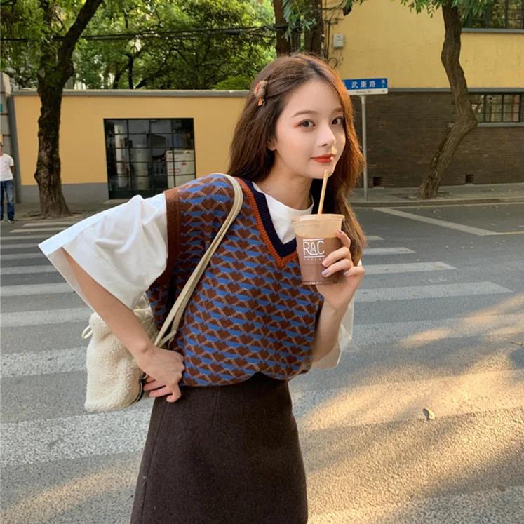 Женский трикотажный пуловер без рукавов осень 2019 корейский стиль винтажные