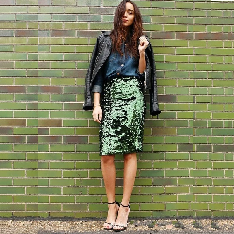 Женская юбка с высокой талией расшитая блестками элегантная карандаш до колена