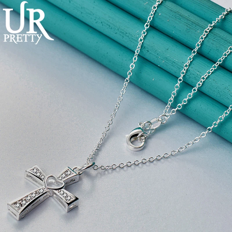 

URPRETTY 925 Sterling Silver Love Cross Pendant Necklace 16/18/20/22/24/26/28/30 Inch Snake Chain For Woman Wedding Jewelry