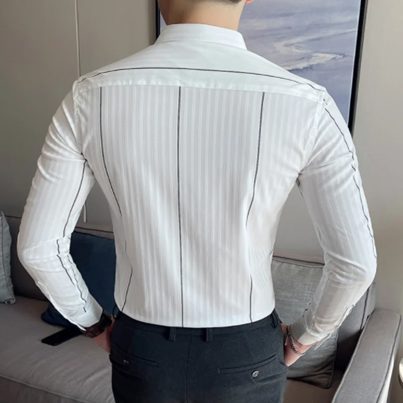 Рубашка мужская с длинными рукавами брендовая сорочка из хлопка и льна в полоску