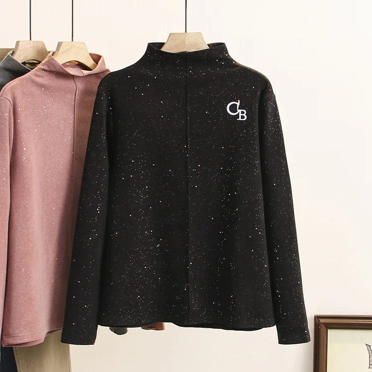 

Spring 2021 Women Tshirt Oversize Clothes Long Sleeve Bottoming Shirt Fashion Casual Sequin Mock Neck Embroidery Plus Size Tops