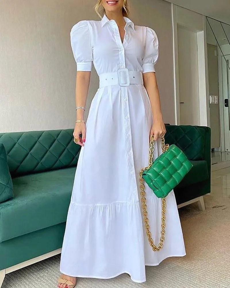 

Summer Long Shirt Dress Women Fashion Beach Vacation Style White Puff Sleeve Belt Long Shirt A-line Dress Women