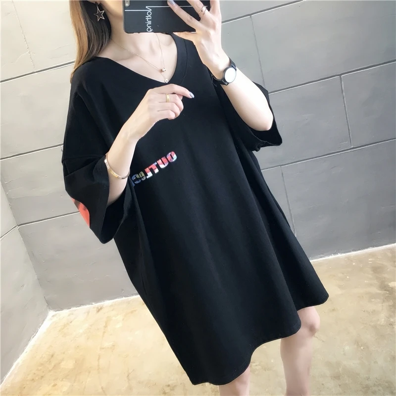 

2021 Summer New Korean Style Large Size Loose Mid-Length V-neck Short Sleeve T-shirt for Plump Girls 200 Jin Slimming Half