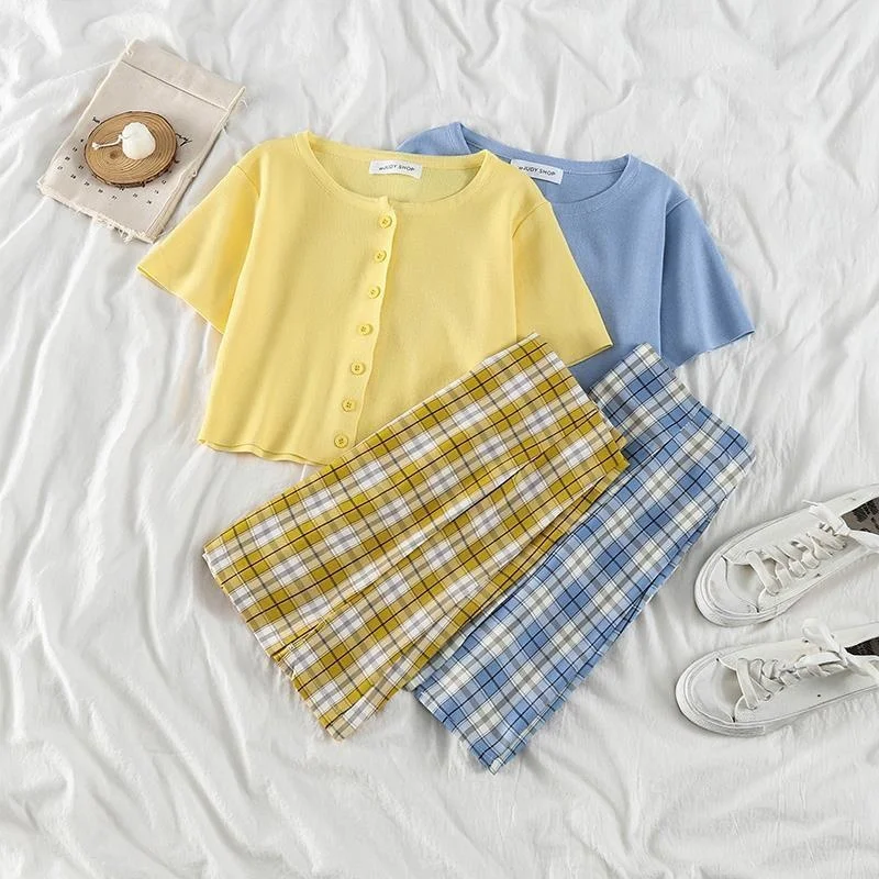 

women summer kawaii plaid two-piece skirt female new high top oversized high waist sundresses floral pencil skirt