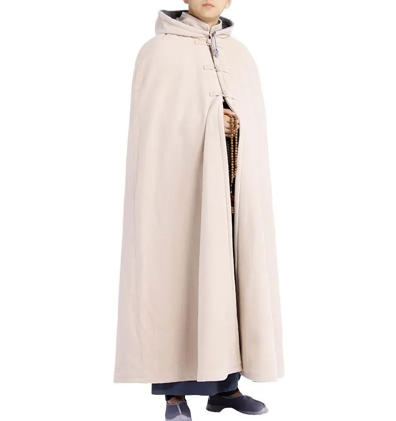 beige white Зимний теплый плащ для медитации, буддистский костюм кунг-фу шаолиньского монаха, халат, пальто с молитвой Будды, накидка Красного/желтого/зеленого цвета - Цвет: beige white