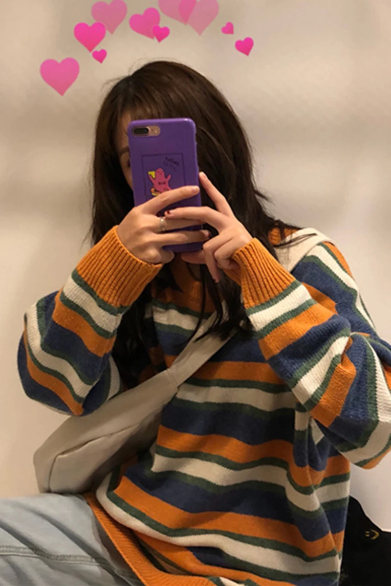 Lazy Wind Female Striped Sweater Coat Autumn Winter New Korean Version Ins Super Fire Loose Bf Contrast Color | Женская одежда