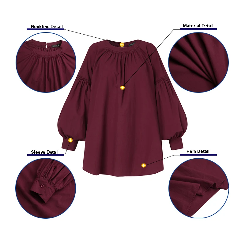 

2021 Casual Pleated Tops Elegant Women Blouse Spring Long Puff Sleeve Solid Loose Shirt ZANZEA Tunic Female Work Blusas Chemise