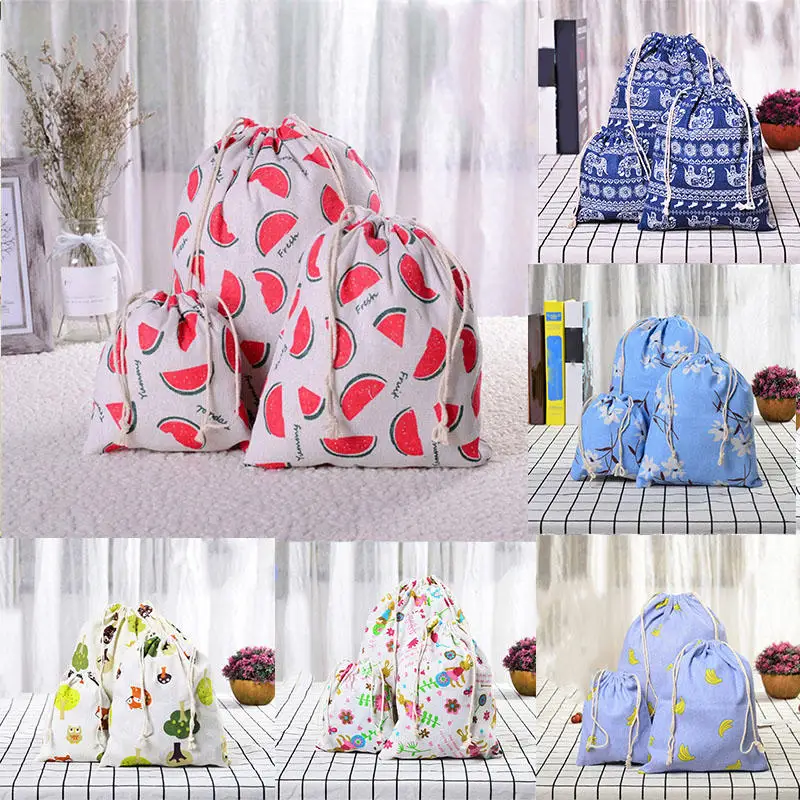 

Beautiful Convenient Drawstring Bags Laundry Storage Toys 3pc/Set Cotton Fabric Gift Travel Shoes