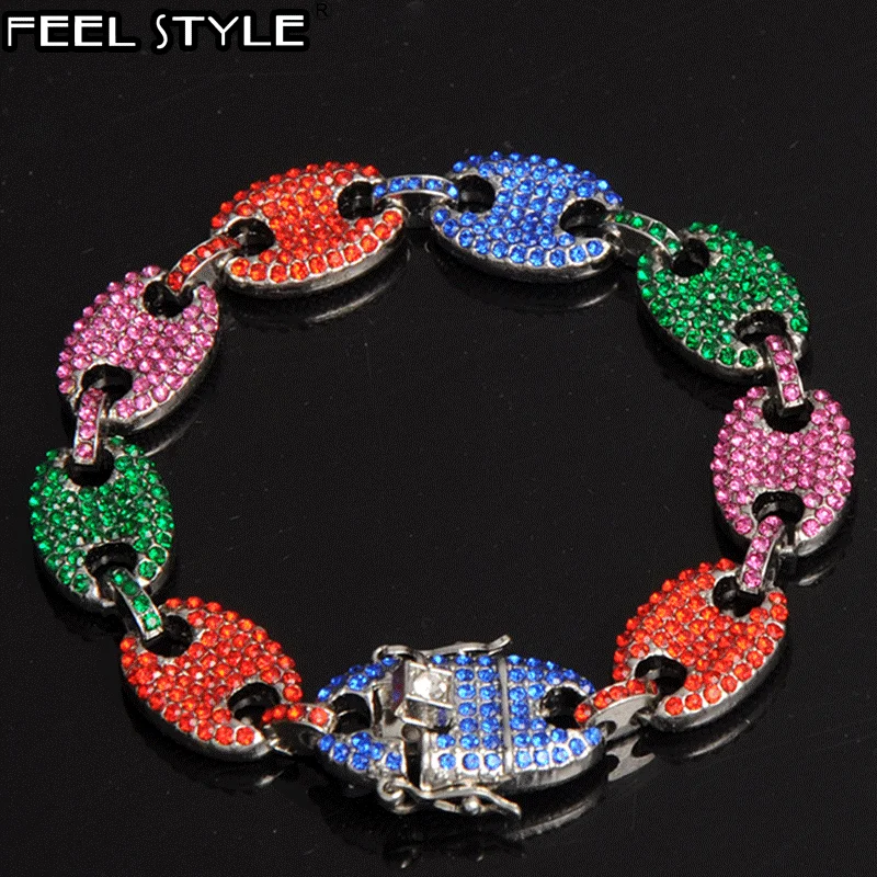 Multi-color Width Iced Out Rhinestoned 13MM 20CM Gold Plated Coffee Beans Link Chain Bracelets Chain For Men HIP Hop Jewelry