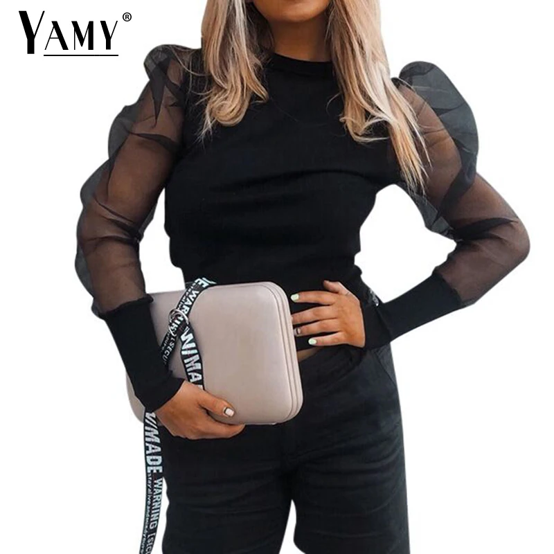 Короткий топ с длинным рукавом прозрачная сетчатая блузка рубашки для женщин