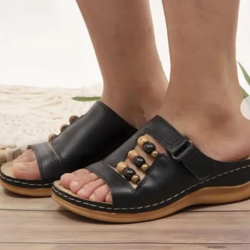 Summer Women Outdoor Open Toe Sandals Vintage Anti-slip Breathable Velcro Wedges Slipper Fashion 2021 String Bead Women Shoes