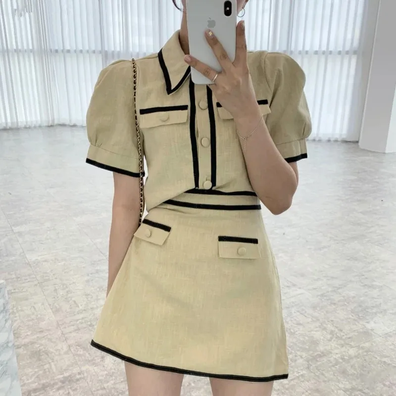 

Women Sets 2022 Summer Korean Retro Temperament Lapel Hemming Pocket Puff Sleeve Shirt High Waist A-line Skirts