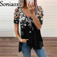 womens t shirt 2021 summer fashion print floral v neck zipper tshirt hollow pullover casual loose oversize ladies top tee shirt