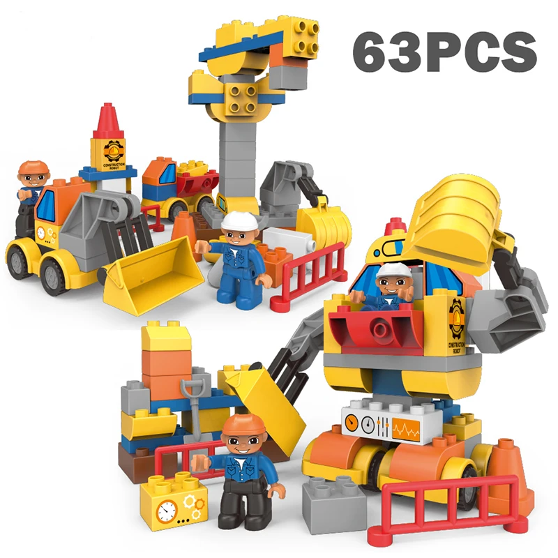 

63pcs Duploed Transform Engineering Traffic Vehicle Building Blocks Assemblage Creative City Bricks Kids Toys For Children