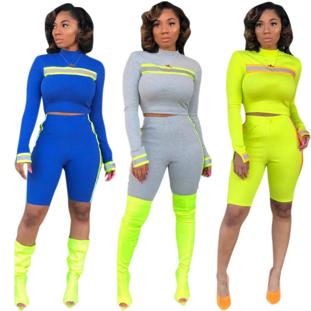 

Adogirl Women Fashion Reflective Stripe Two Piece Set Sportswear Long Sleeve T-Shirt And Short Pants Night Version Tracksuit