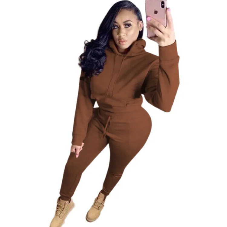 

Fashion Solid Women Suit Party Casual Sport Two Pieces Sets 2021 Hooded Long Sleeves Top +Skinny Pencil Trousers High Quality