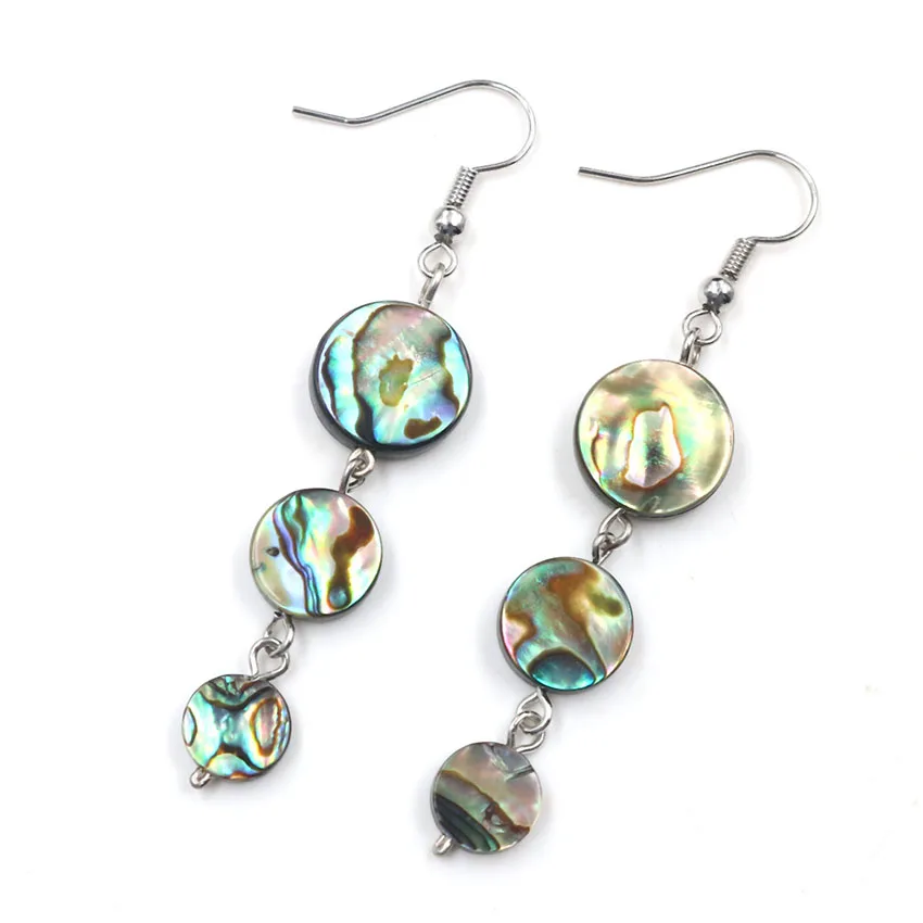 

FYJS Unique Party Gift Silver Plated Layer Round Shape Abalone Shell Hanging Hook Earrings