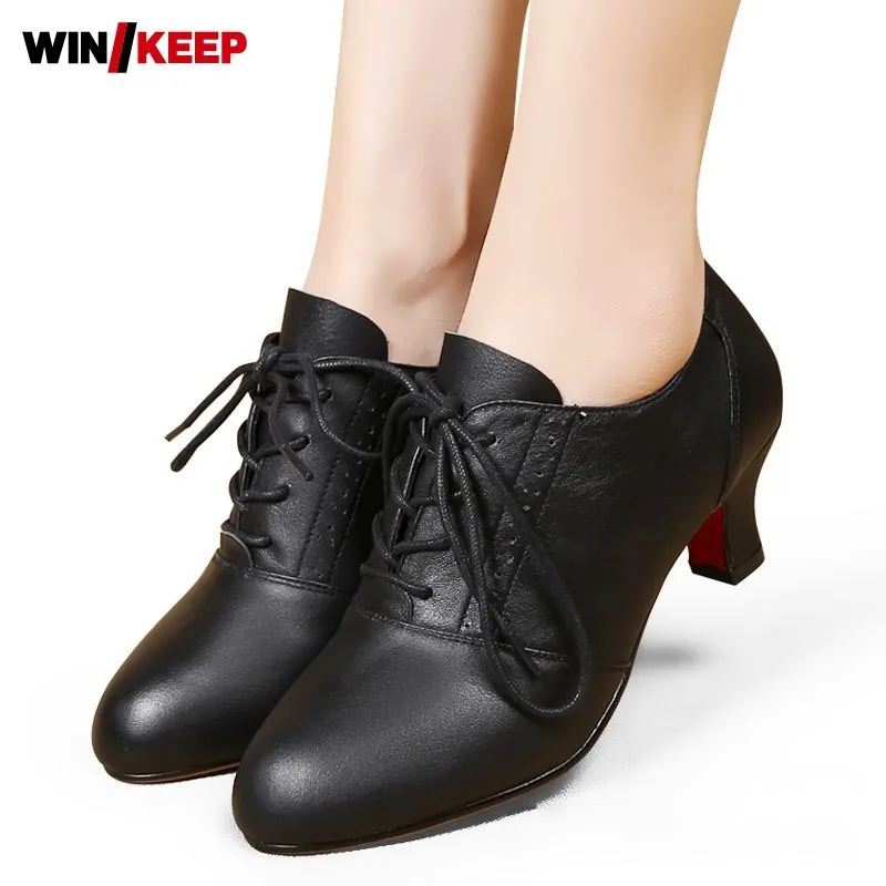 

Туфли женские бальные из натуральной кожи, на шнуровке, с круглым носком, дышащие, на тонком каблуке