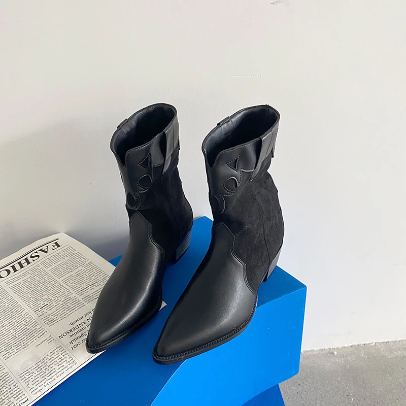 

Mid-Calf Women Winter Boots Pointed Toe PU Leather Chelsea Western Booties Flats Mid Heels Party Dress Shoes Winter Boots 35-39