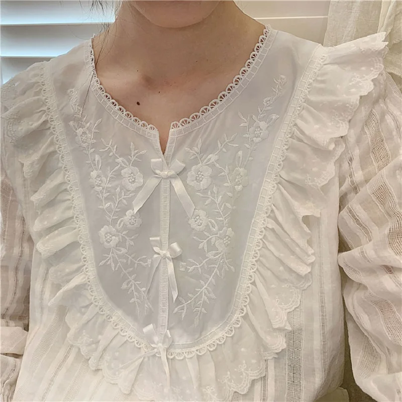

Spring Sweet White Lace Cotton Women's Embroidery Pajamas Sets Soft Vintage Princess Sleepwear Suits Autumn Pyjamas Plus Size